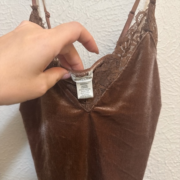 Brown Lace Trim Velvet Cami Top and Shorts Set - Picture 3 of 6